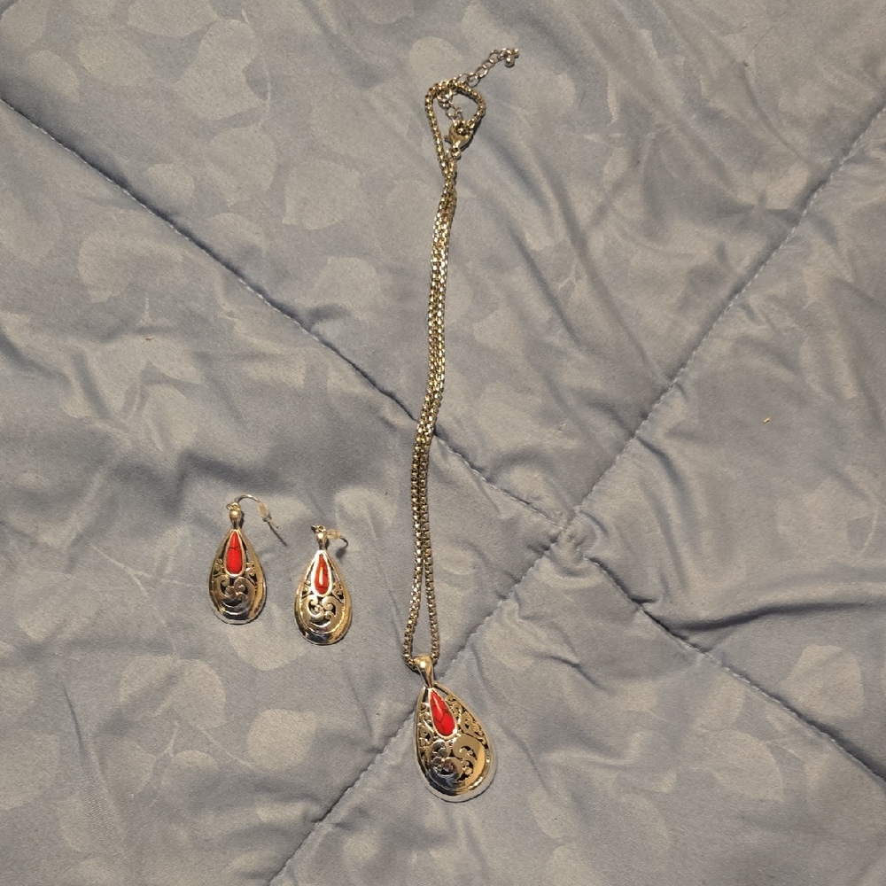 Silver Teardrop Pendant Necklace and Earrings Set with Red Accent